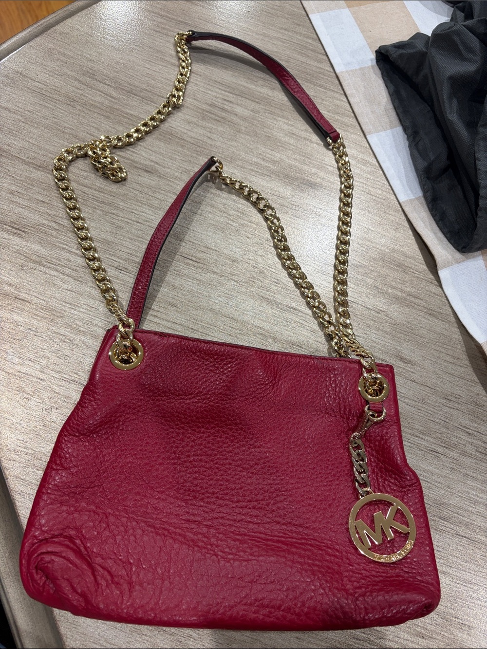 Michael Kors Cherry Red Pebbled Leather Shoulder Bag with Gold Hardware
